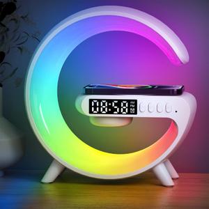 XCDIFA Mini LED Table Lamp with 4-in-1 Wireless Charger, Night Light, Sunrise Alarm Clock, Bluetooth Speaker, Smart Atmosphere Table Lamp for Bedroom, Office, Home Decor (White)