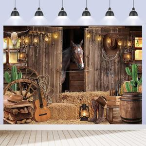 Western Cowboy Backdrop 7x5ft Western Themed Party Decorations Banner for Adults Kids Wild West Rodeo Country Horse Barn Door Saloon Rustic Farmhouse Backdrops for Photoshoot Polyester Fabric