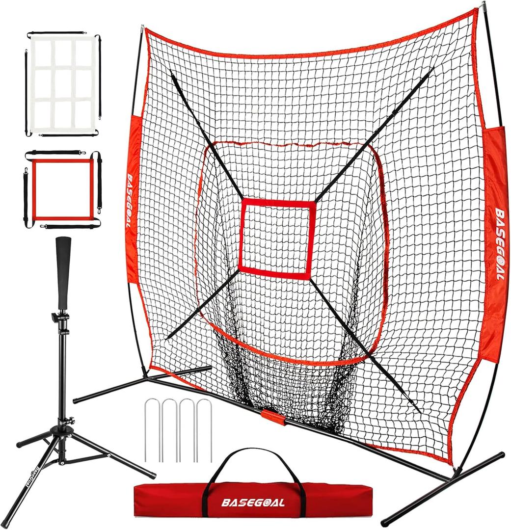 7'7' Baseball Softball Practice Net,Baseball Backstop,with Batting Tee,for Hitting Pitching Batting Catching with Bow Frame,Bonus Strike Zone