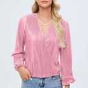 Women Long Lantern Sleeve Shirts Dressy Casual Loose Fit Fall V Neck Blouses Date Night Tops (Pink, L)