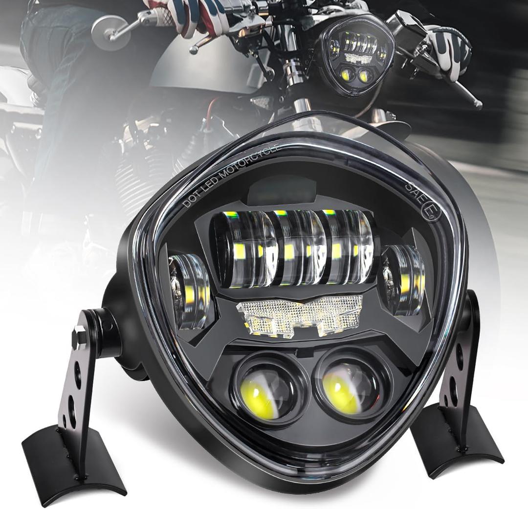 7-Inch LED Motorcycle Headlight Assembly with Clamp Mount Brackets Fits 27-57mm O.D. Forks for Cafe Racer/Chopper/Bobber/Scrambler, Features Turn Signal/DRL, Demon Eye, Hi-Low Beam