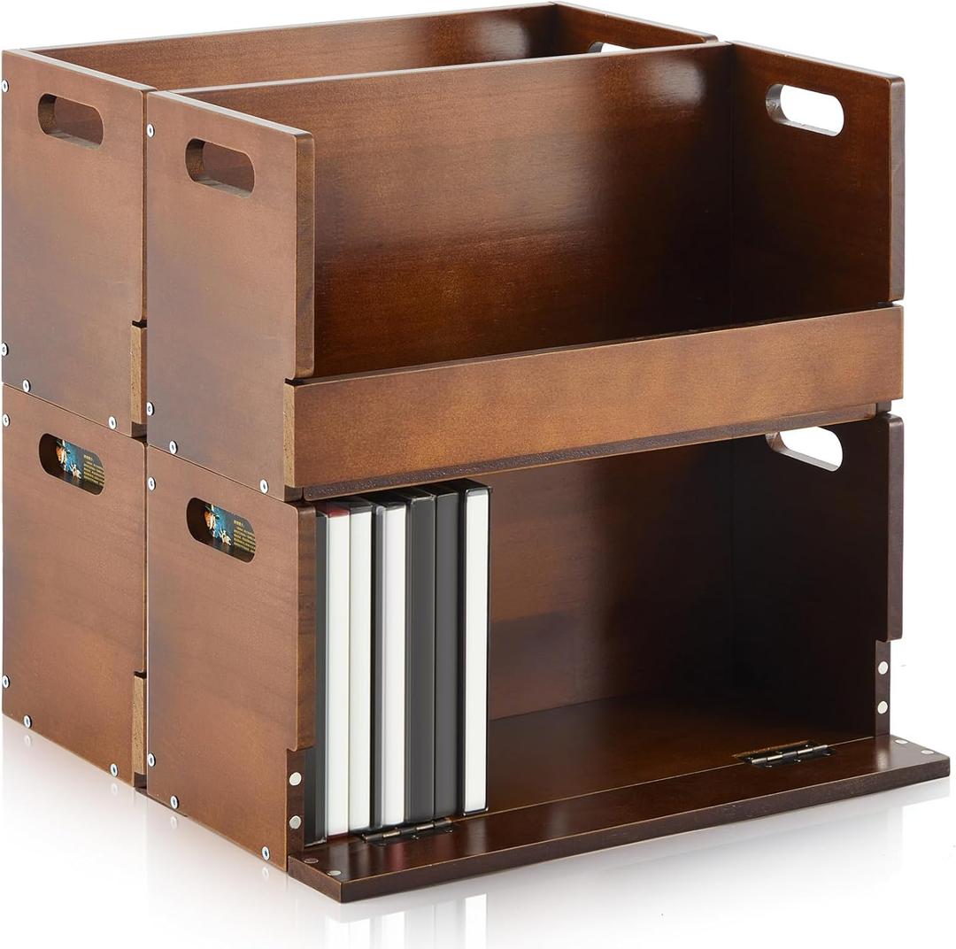 CroBlissful 4 Set Wooden DVD Storage Box DVD Storage Shelf Holder Solid Wood Cassette Tape Display Organizer with Carrying Handle for CD, Movie Cases, Each Organizer Can Store up to 26 Boxes (Brown)