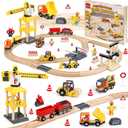 Lehoo Castle 68PCS Wooden Train Set - Toy Train Set for Toddlers 2-4, Wooden Train Track for Kids w/Crane, Railway Playset for 3 Year Old Boys Girls Birthday Gift