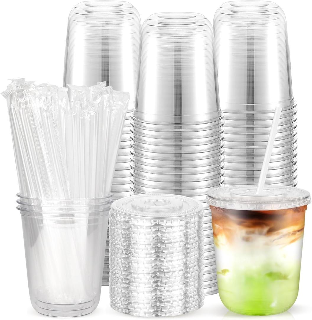 100PCS 12 oz Disposable Plastic Cups with Flat Lids and Clear Straws, Round Bottom To Go Iced Coffee Cups, Small Sturdy Drink Cups for Soda, Smoothies, Cold Beverage, Juice Bars, Valentine's Day