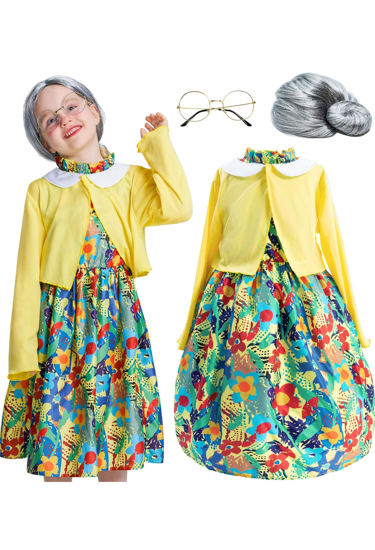 Old Lady Costume for Girls, 100th Day of School 4 Pcs Granny Grandma Set Outfit Wig for Kids Dress Up 4-10 Years, 4-6 Y