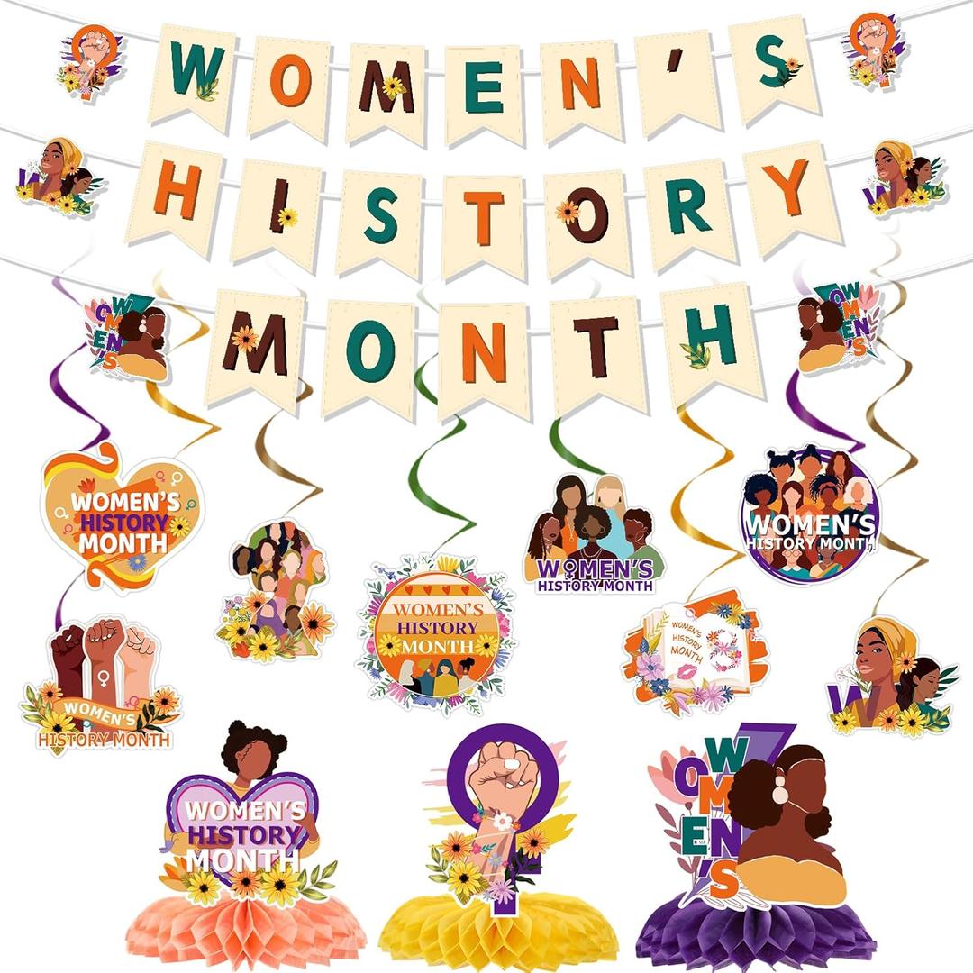 Women's History Month Party Decorations, Womens History Month Banner Hanging Swirls Kit Wall Decor, Mother's Day Honeycomb Centerpieces Table Holiday Decorations Supplies