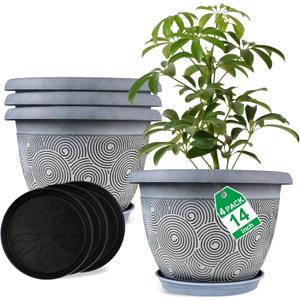 Fodetyff 14 Inch Large Planter Pot for Plants Indoor Outdoor, 4 Pack Plastic Flower Pots with Drainage Hole & Tray, Modern Decorative Garden Pot with Saucer, Plant Container for House