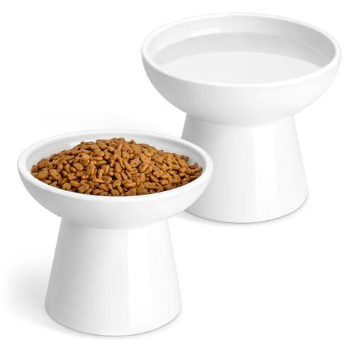 vancasso Elevated Cat Bowls 2-Pack, Ceramic Raised Cat Food and Water Dishes with 5.1" Height & 6.2" Wide Opening - Anti Vomit, Whisker Fatigue Relief for Senior Cats, and Small Dogs (White)