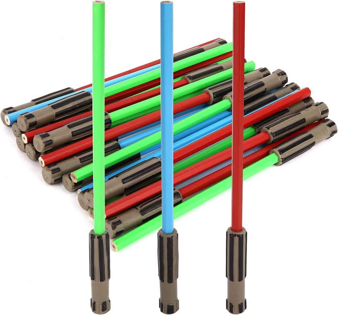L LIFETIME Light Saber Pencils Party Favors 24 Pack Blue, Red, Green Pencils with 3D Eraser Tops Star Fan Goody Bag Supplies, Birthday Celebration Gifts for Kids, Teens & Adults