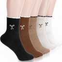 Tucnoeu 5 Pairs Womens Ruffle Socks, Embroidery Bow Casual Socks, Fashion Cotton Ruffle Ankle Socksm, Cute Knit Lettuce Trim Dress Socks