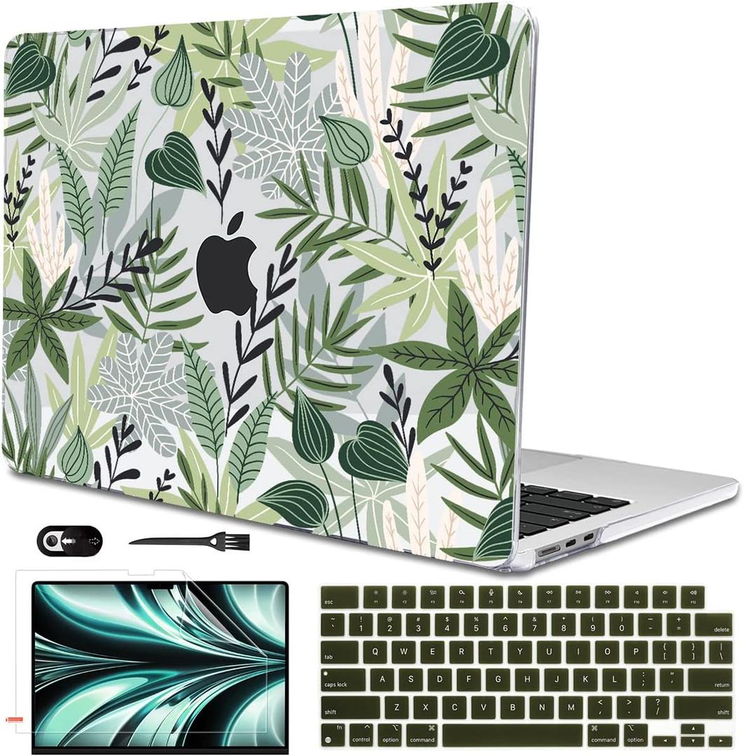 for MacBook Air 13 inch Case 2026 M5 A3449 2025 M4 A3240 2024 M3 A3113 2022 2023 A2681 M2 Chip, Plastic Pattern Hard Shell Case Cover for Mac Air 13.6 M5 2026 Touch ID, Tropical Green Leaves