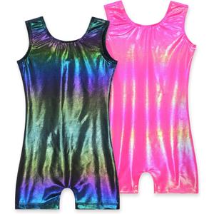2 Pack Leotard for Girls Gymnastics Sparkly Tumbling Unitards with Shorts Sleeveless One Piece Biketards (5-6 Years, 2pcs Hot Pink & Black)