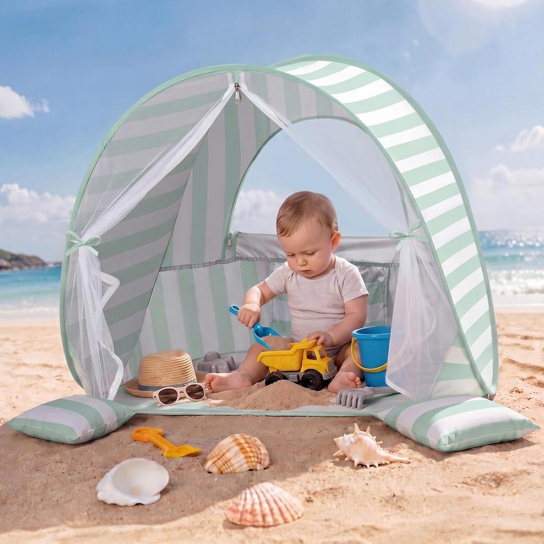 Pop Up Baby Beach Tent,UPF 50+ UV Sun Protection Portable Beach Tent for Baby Infant Toddler, Lightweight Sun Shelter with Ventilation Door Curtain,Outdoor Beach Travel Backyard, Green
