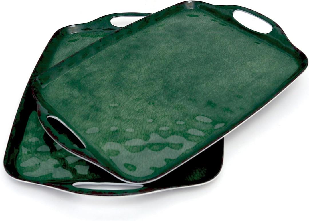TP Large Serving Trays with Handles, 19" x 12" Melamine Serving Platters for Food, Turkey, Set of 2 Rectangular Trays for Party, Retro Green
