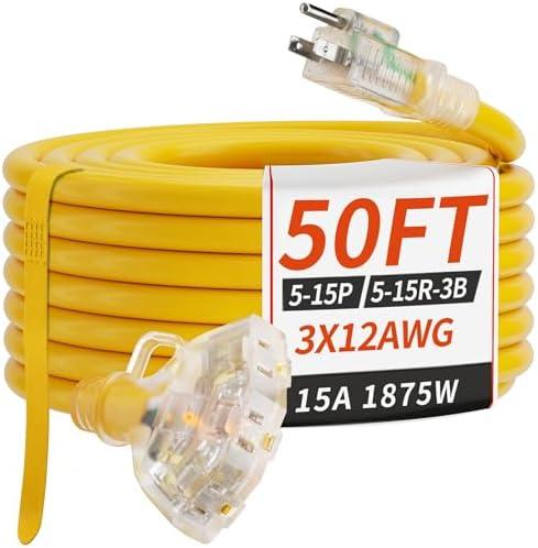 PlugSaf 50 FT 12/3 Gauge Outdoor Extension Cord with Multiple Outlets Light Indicator, Flexible 3 Outlet Weatherproof Heavy Duty Extension Cord Waterproof Yellow, 15A 1875W 12AWG SJTW, ETL Listed