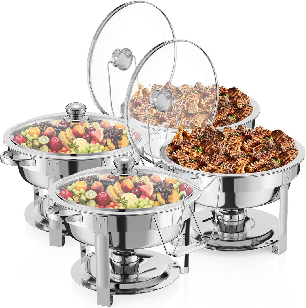 4 Packs Chafing Dish Buffet Set,8QT Round Glass Cover Stainless Steel Buffet Servers and Warmers, Thick Stand Frame Catering Chafe with Mirror Covers,Food Warmer for Party, Weddings,Picnic