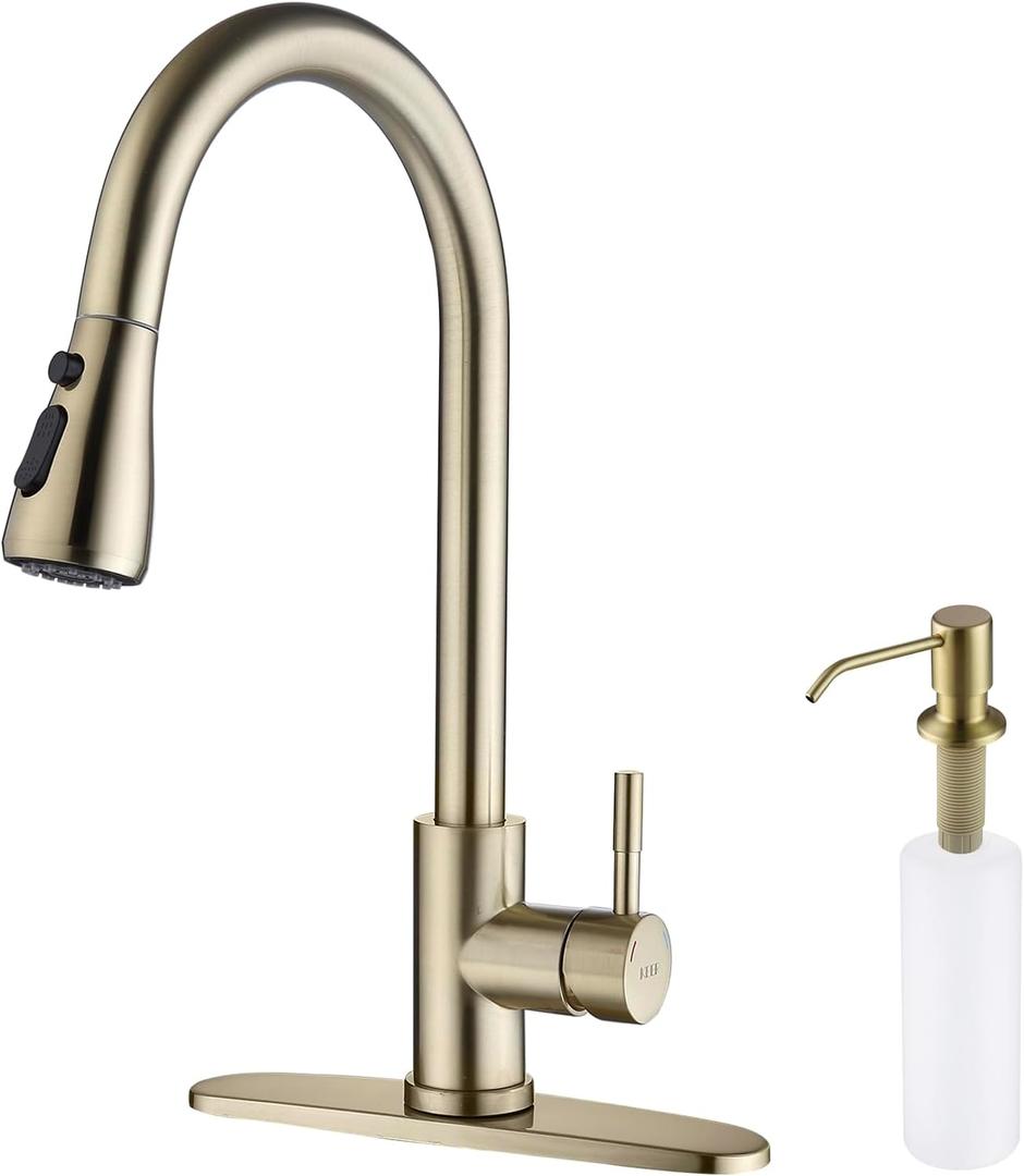 Keer Gold Single Handle Pull Down Kitchen Faucet with Soap Dispenser, 3 Modes Sprayer, Easy Assembly, Single Handle High Arc Stainless Steel Faucet
