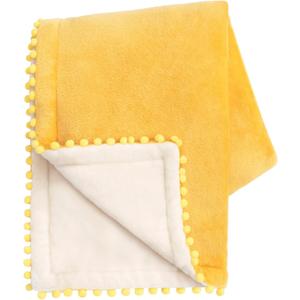 MONDAY MOOSE Cozy Fleece Throw Blanket with Pom Pom Fringe, Super Soft Blanket, Double-Sided Designs, for Couch Bed Sofa Home Decor (50x60 inch, Yellow/Beige)