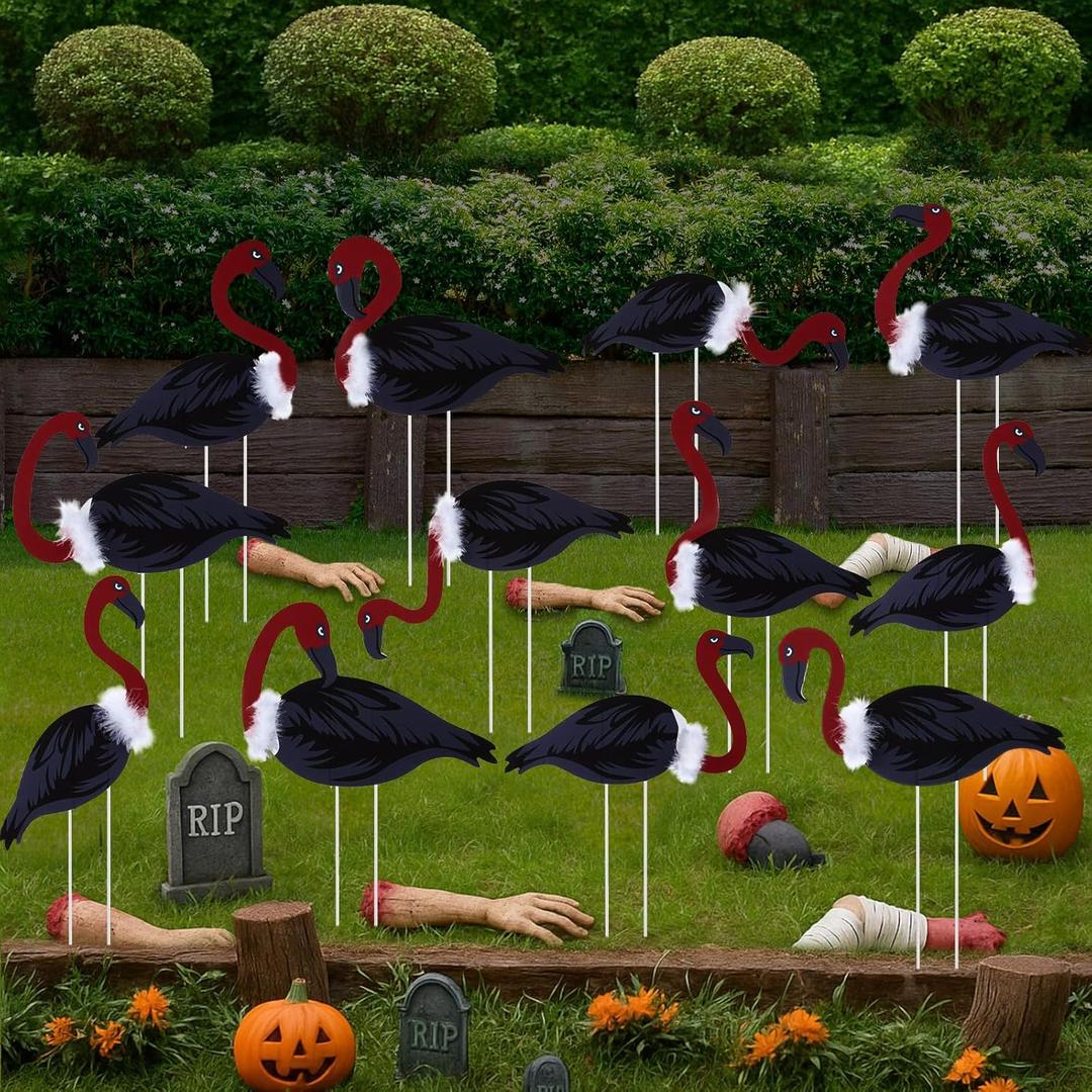 Roowest 12 Pcs Halloween Outdoor Decorations Spooky Lawn Vulture Flamingo Yard Sign with Stakes for Halloween Outdoor Garden Lawn 7.8-12 Inch Party Plastic Decor Supplies Garden Signs for Scary Party