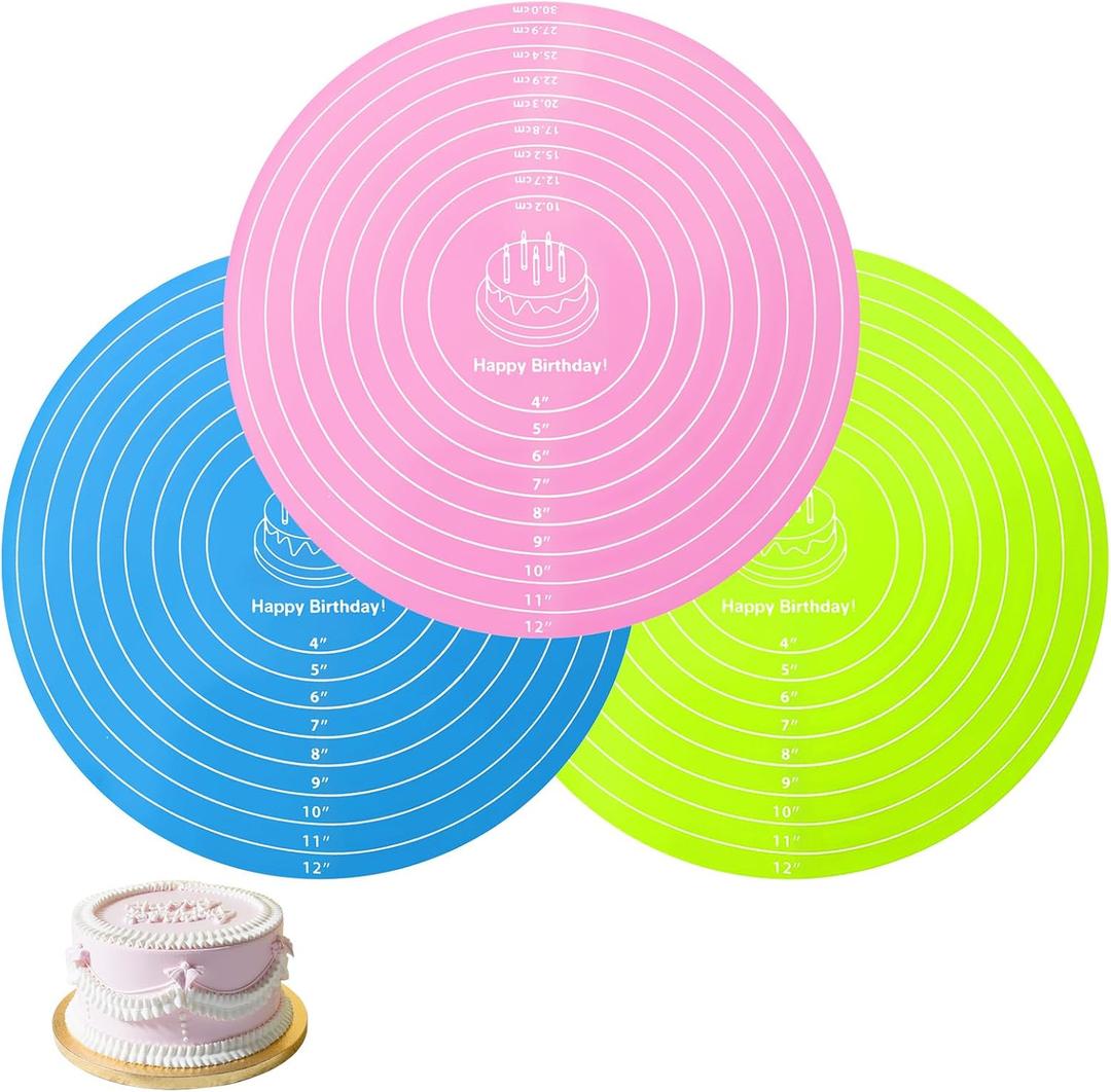3PCS Silicone Cake Mats Silicone Baking Mat Round Cake Mat with Measurements Non-Stick Heat Resistant Pastry Baking Sheet for Cake Turntable Stand Pizza Fondant Making (Green+Pink+Blue)