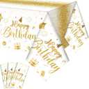 Tudomro 3 Pcs Happy Birthday Tablecloths Happy Birthday Party Decorations Plastic Table Cover Rectangular Cloths for Women Men Baby Shower Party Supplies, 108 x 54 Inch (White Gold)