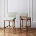 Nathan James Gracie Modern Counter Height Bar Stool with Back, Counter Stool Upholstered Chair with Natural Flax White Fabric and Brushed Wooden Legs, Natural Flax/Brown, Set of 2 (Medium Brown/Beige)
