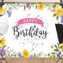 7X5ft Happy Birthday Spring Yellow and Purple Flowers Backdrop Banner for Women Colorful Flowers Carnival Party Birthday Decoration Props