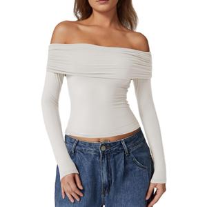 QINSEN Womens Off The Shoulder Tops Double Lined Long Sleeve T Shirts Slim Fitted Stretchy Crop Top (Medium)