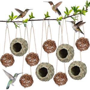 Wesiti 10 Pcs Hanging Hummingbird Nest House for Outside Hand Woven Bird Nest Round Hummingbird Nesting House Hanging Bird Hut Hummingbirds Nesters for Garden Patio Lawn Indoor Home Decoration