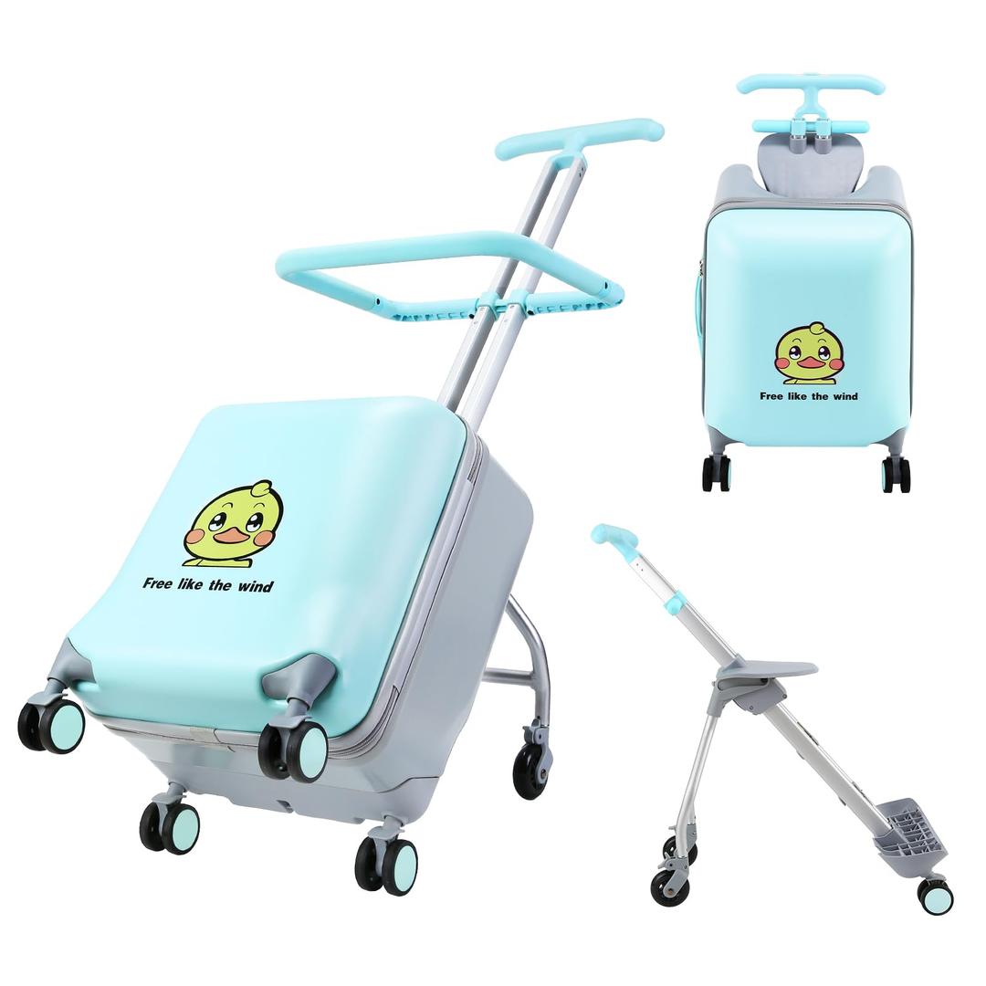 Ride-able 2 in 1 Kids Luggage Case, Detachable Trolley Luggage Stroller with 6 Universal Wheels, 20 inch Carry on Travel Luggage with Kids Seat Design - Max Loading 110lbs, Blue, Medium, Ride on, Blue