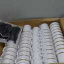 Bokon 100 Pcs Plastic Coffee Tea Cups Reusable 8 oz White Coffee Mugs Bulk with Handle and Spoon with Gold Rim Espresso Cup for Tea Cafe Milk Dessert Shop