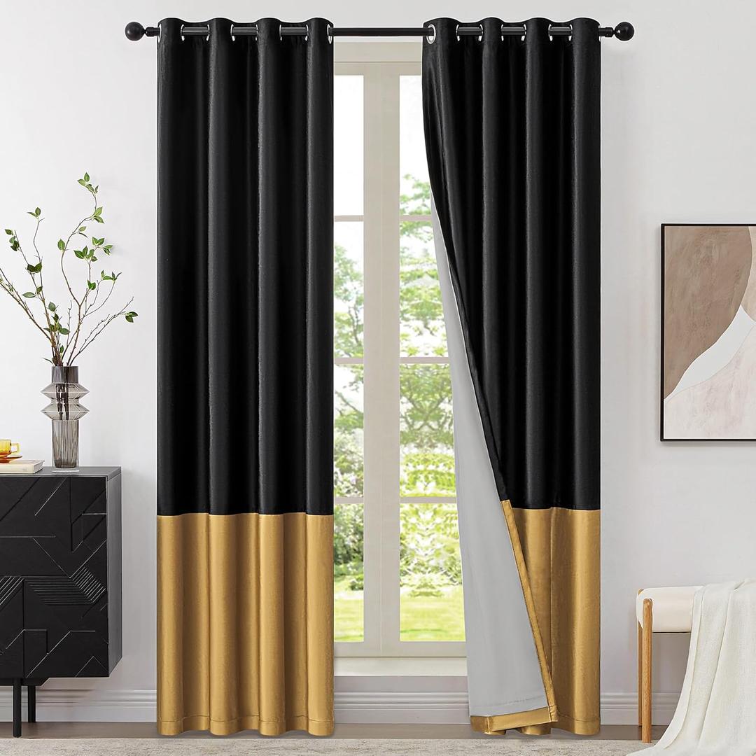 BULBUL Black Gold 100% Full Blackout Velvet Curtains,84 inches Long Modern Liner Curtains Thermal Drapes Panels for Living Room Bedroom Grommet Set of 2