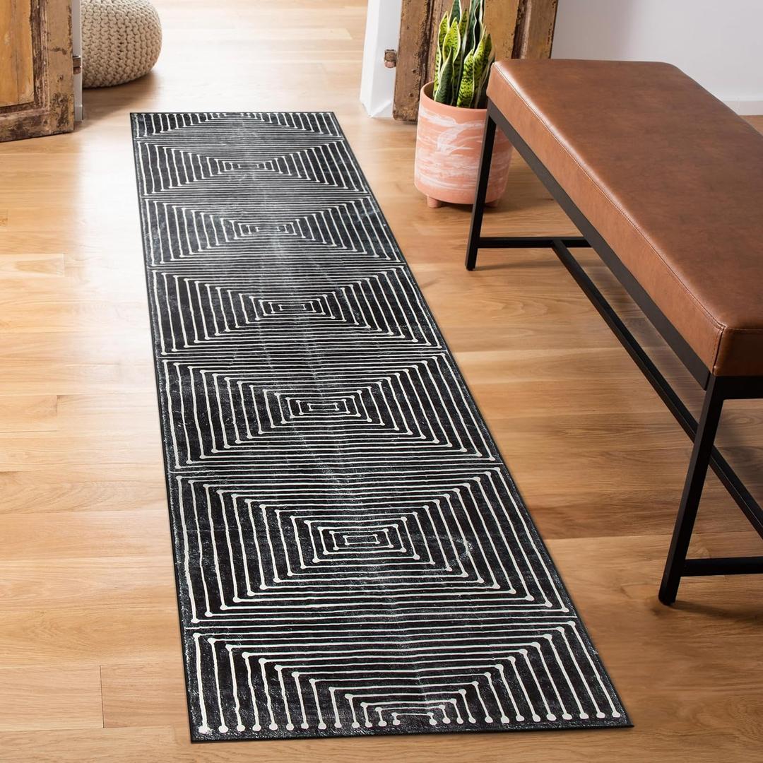 Rugshop Marbella Bohemian Stripes Washable Non Slip Runner Rug 2' x 6' Black