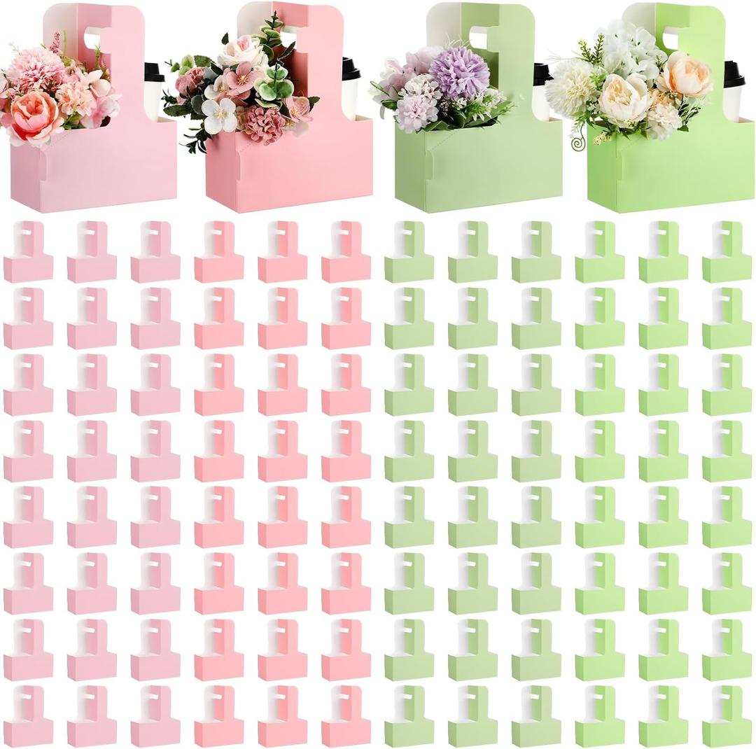 Reallnaive 100 Pack 2 Cup Disposable Drink Carrier for Delivery with Handle, Paperboard Coffee Holder for Mother's Day, Flower Bouquet Packaging, Takeout Cup Carriers for Dessert (Pastel Color)