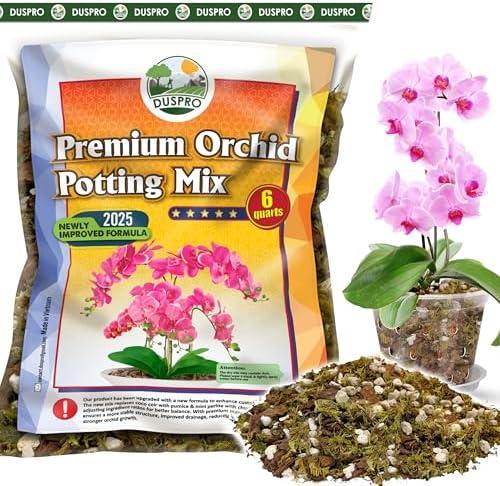 [Upgraded] DUSPRO Orchid Potting Mix for Repotting with Forest Moss, Pine Bark, Perlite & Pumice Natural Ingredients, Orchid Bark Potting Mix, Orchid Repotting Kit Drainage Indoor Potting Medium 6QT