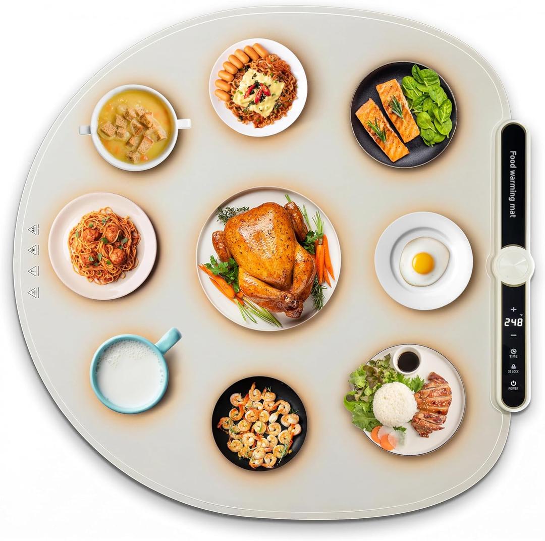 Round Food Warming Mat XXL 27.5''x27.5'' (Beige) - Electric Food Warming Tray with 9 Temp Levels - Silicone Food Warmers for Parties Buffet with Timer, Child Lock & Fast Heating