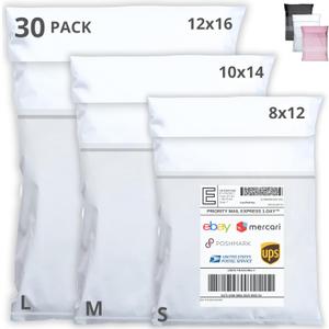 Shipping Bags (30 Pack) with Label Pouch - 8x12, 10x14 & 12x16 - Poly Mailers for Clothes, Self-Seal Plastic Mailing Envelopes - Tear & Water-Resistant Packaging Bags for Clothing, Not Padded