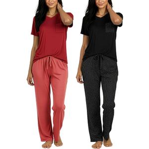 Real Essentials 2 Pack: Women's Comfy Pajama Sets - Short Sleeve Ladies Loungewear Sleepwear PJs (Available In Plus) (L)