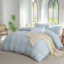 Striped Duvet Cover Set Full Size 3 Pcs 100% Washed Cotton Linen Like Textured Natural Wrinkle Comfy Breathable (Full, Classic Stripe-Light Blue/White)
