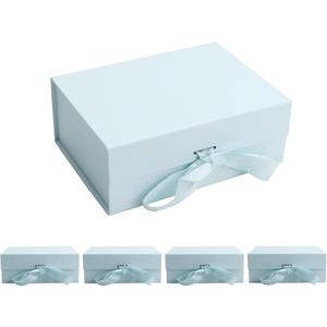 kaxilu Light Blue Gift Boxes with Ribbon Foldable Gift Boxes Set of 5 Magnetic Gift Boxes for Presentations and Groomsmen Proposal, Glossy Finish,8.7x6.5x3.5 Inches