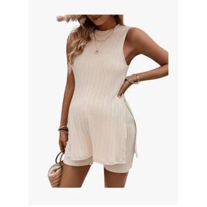 GORGLITTER Women's Maternity Two Piece Set Ribbed Knit Split Tank Tops Adjustable Waist Skinny Shorts Pregnancy Set, Size:M