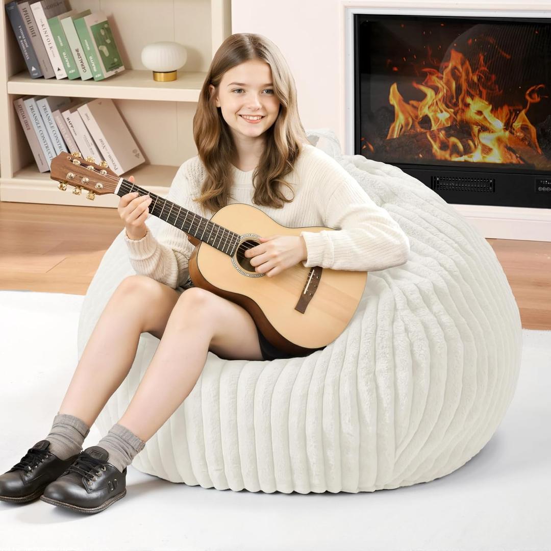 Homguava 2FT Bean Bag Chair, 2' Small Bean Bags with Memory Foam Filled, Beanbag Chairs with Machine Washable Cover Dutch Corded Plush Cover for Classroom,Living Room,Bedroom-White