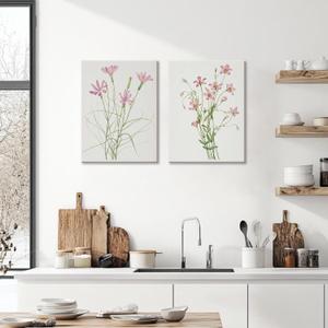 Boho Botanical Wall Art Set of 2, Framed Pink Watercolor Wildflowers Canvas Prints, Modern Floral Painting Posters, Nature-Inspired Wall Decor for Living Room, Dining Room, Kitchen, Girls Room, 12X16IN