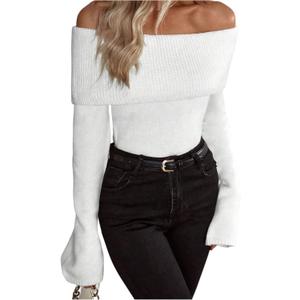 GORGLITTER Women's Off The Shoulder Sweater Long Sleeve Ribbed Knit Pullover Top Trendy Fall Outfits 2025 (Plain White) Small