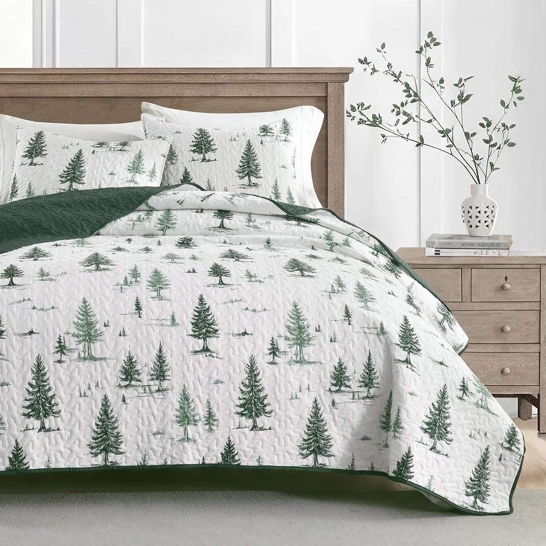 HORIMOTE HOME Green Quilt Set King Size 3 Pieces, Reversible Fine Printed Bedspreads with Forest Tree Pattern, Soft and Lightweight Bed Coverlet Bedding Sets for All Season