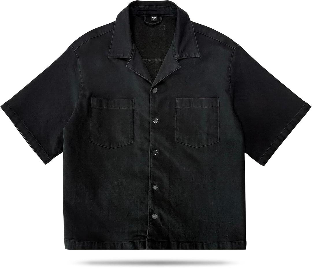 Cropped Cuban Button Down Shirt for Men - Knit Short Sleeve Collared Shirt with Pocket Lightweight Summer Casual Fit (Black, XXL)