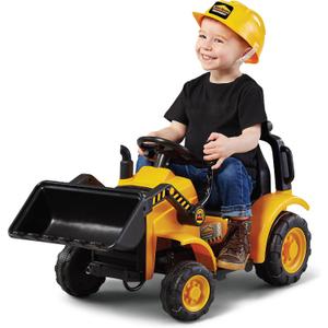 Kid Trax 6V Frontloader Ride-On Toy for Kids, Ages 18-36 Months, Max Weight 44 lbs, Easy Push Button Drive System and Pull Front Bucket Lever, Includes Toy Hard Hat