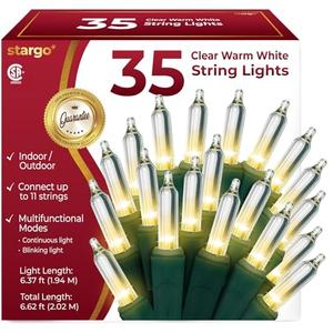 Clear Warm White Christmas Tree Lights - 6.3 ft String of 35 Incandescent Mini Bulbs Multifunctional Lighting Modes, for Decorative, Bedroom, Outdoor, Xmas Twinkle Lights with Green Wire Total 6.6 ft