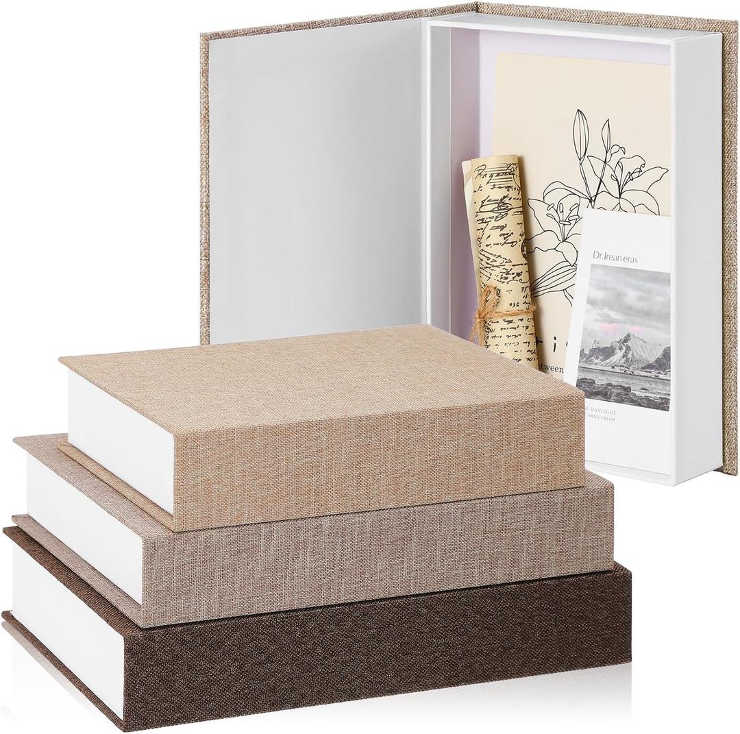 Tioncy 3 Pcs Fake Book Box Neutral Linen Book Box Decorative Faux Prop Storage for Farmhouse Home Decor shelf Table Card Photo DIY Keepsake Gift(Multi Sizes,Khaki, Dark Coffee, Light Coffee)