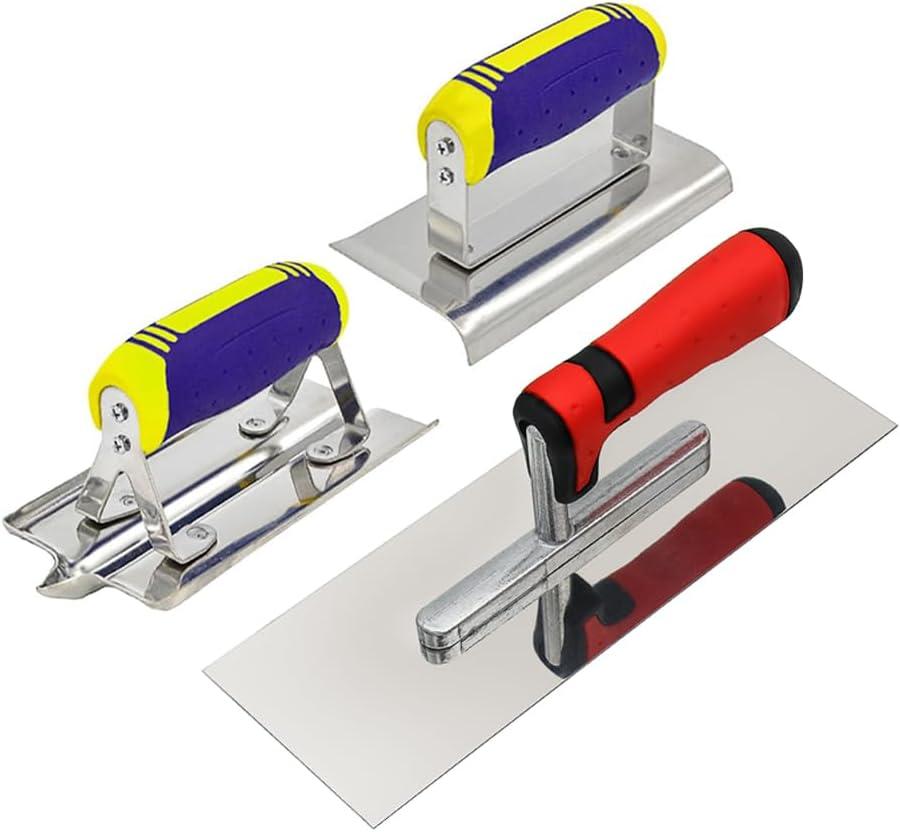 Concrete Tools Set 3 PC Stainless Steel Flat Finishing Trowel (11" x 4") plus Concrete Edger (6" x 3", 1/2"R) and Groover (6" x 3", 1/2"W,1/2"D) Stucco Cement Kit Masonry Construction Hand Kit